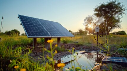 Solar panel set in a rural landscape powers a groundwater pump for sustainable farming at sunset