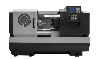 Aufkleber - Manufacturing professional lathe machine. Industrial concept. Programmable modern cnc digital lathe with digital program control, turret type blade holder isolated on white transparent background