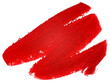 Lipstick stroke isolated on a white background, view from above. Red lipstick smear smudge.