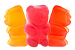 Three colored jelly gummy bear isolated on a white background. Group of juicy marmalade bears.