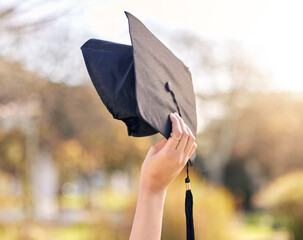 Wall Mural - Person, nature and hand with graduation cap at university for education, success and academic growth. Student, future and celebration with hat at academy for scholarship, knowledge and achievement