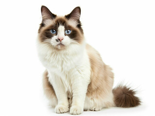  A brown and white cat sitting on a white background.