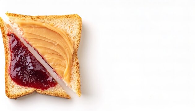 Peanut butter and jelly sandwich on bread or toast isolated on white background. Breakfast or lunch snack. Vegetarian food. American cuisine top view one slice cut diagonally with pbj and jam on each