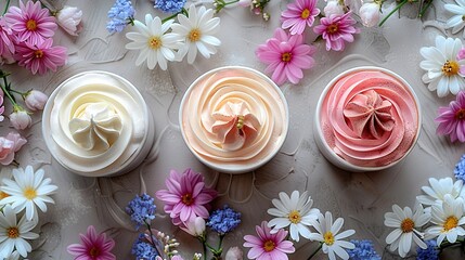   Three cupcakes, each with distinct frosting - pink, white, and blue - adorn a table amidst a floral setting