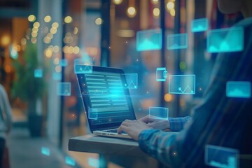 Blue abstract technology background with laptop and person using it.