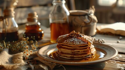 Wall Mural -  Gluten-free morning, buckwheat pancakes, natural syrup, rustic breakfast.