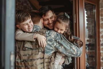 Soldier coming home from duty, hugging his children in the house