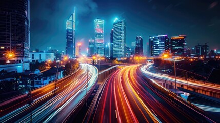 Wall Mural - A city at night with a highway in the middle. The city is lit up with lights and the highway is filled with cars