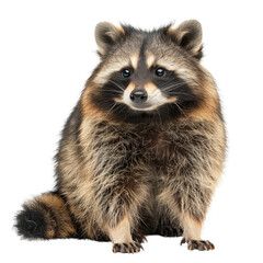 A raccoon resting in front of a plain Png background, a raccoon dog isolated on transparent background