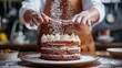 A person is making a cake with powdered sugar on top