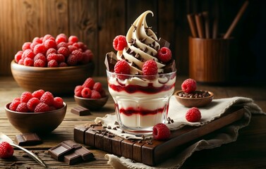 a glass of ice cream with raspberries and chocolate on top of it