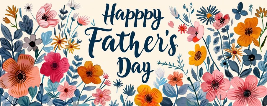 Colorful floral typographic design with the text 'Happy Father's Day'. An 8k bright festive flowers illustration, perfect for  greeting cards, posters, and banners celebrating Dads and fatherhood