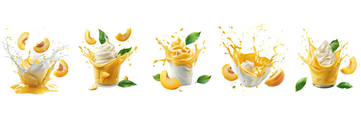 Wall Mural - Set of A  yellow peach yogurt, flying with fruit pulp, milk  on a transparent background