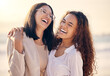 © peopleimages.com - Lesbian, hug and laugh in outdoor for joke, travel and comedy for bonding or funny humor. Couple, happy and embrace in nature on vacation or holiday, romance and lgbt marriage or relationship on trip