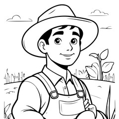 Cute vector illustration Farmer drawing for kids colouring page