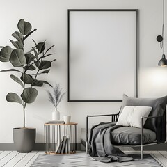 Sticker - A white room with a black framed picture on the wall and a white couch with grey pillows