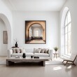  Grunge old accent coffee table near white sofa against arched window and white wall with big art poster frame. Minimalist, art deco interior design of modern living room, home. 
