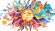 A hand drawn watercolor illustration featuring a decorative sun wearing a spiked crown symbolizes happiness energy life power warmth and light This whimsical artwork is painted with vibrant