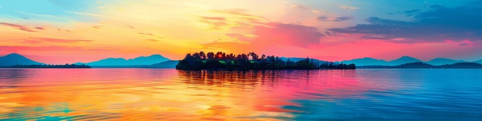 Poster - A panoramic view of the serene beauty of an island during sunset, with vibrant colors reflecting on calm waters and distant mountains Generative AI