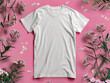 A white t - shirt mockup on a pink background.