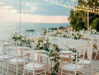 Beautiful Summer table setting at the sea for wedding or party celebration 