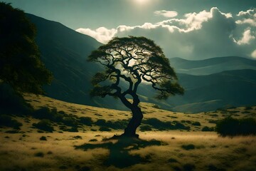 Wall Mural - landscape with tree and mountains