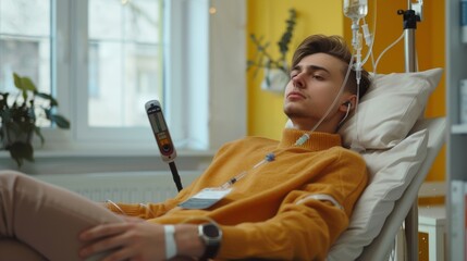 A dehydrated young man receiving intravenous vitamin therapy in a hospital room. An armchair attached to an IV drip of vitamin IV infusion in a wellness center or beauty salon.