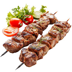 Two beef kebabs on skewers, grilled to perfection, displayed against a clean Png background, Grilled beef Kebab isolated on transparent background