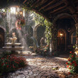 ancient stone courtyard with cobblestone floors, lavish, fountain, flowers, sunlight pouring in from window