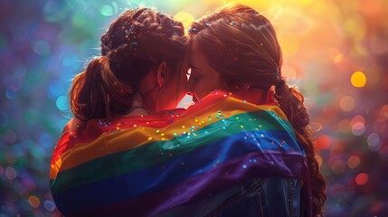 illustration of the pride flag is held in the hands of 2 girls and hugging art