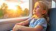 Thoughtful young girl, alone, gazes pensively out of train window lost in contemplation
