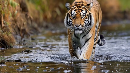 Wall Mural - Amur tiger walking in the water. Dangerous animal . Generative Ai