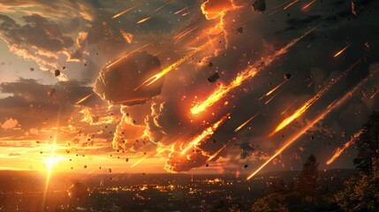 Wall Mural - meteorites from asteroids streaking across the daytime sky leaving behind fiery trails like falling 