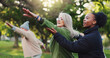 © peopleimages.com - Yoga class, park and senior people with instructor exercise together in nature for health and wellness training. Peace, balance and elderly people outdoor workout or stretching for body fitness