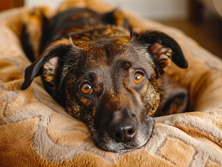 Wall Mural - A dog laying on a bed with its eyes closed.