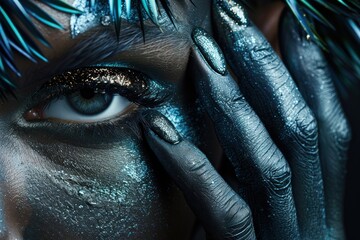 Wall Mural - A woman with blue face paint and glittery eyes