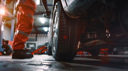 Wall Mural - A technician rotating tires on a hydraulic lift