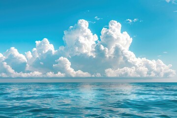 Wall Mural - Water And Clouds. Beautiful Seascape with White Cumulus Clouds Over Blue Ocean