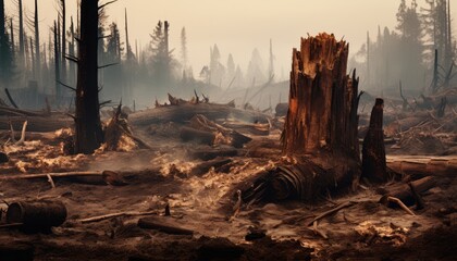 Devastated forest landscape after a severe wildfire, with burnt trees and ash-covered ground