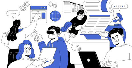 Concept of modern information technologies. Software testers, programmers, designers, software engineers, coders with program languages working in studio. Line art style flat vector illustration