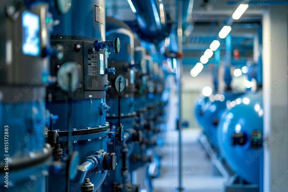 Machine Water Cooling System Industrial water cooling system. Blue pipes and pumps in perspective ...
