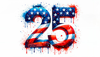 Number 25 in U.S. flag colors with a dripping design, perfect for patriotic celebrations like July 4th and themed event promotions.