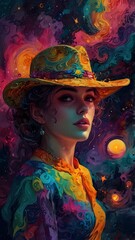 painting of a woman with a hat and dress in a city, elegant digital painting, gorgeous digital paint