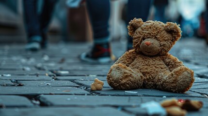 Wall Mural - A forlorn teddy bear with a sad expression rests on the sidewalk amidst a blur of passersby This lonely bear doll lies abandoned on the brick pavement on a dreary day embodying themes of los