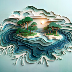 Wall Mural - A paper cut of an island with trees and water, organic flowing background, surreal water art, nile river environment , illustration created with generative ai.