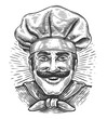 Smiling mustachioed chef in hat. Bakery, bistro, restaurant emblem. Hand drawn sketch vintage drawing