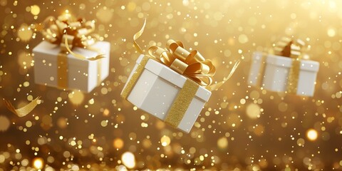 3D rendering of three white gift boxes with gold ribbons and bows, ideal for festive backgrounds, celebration designs, and holiday decor.