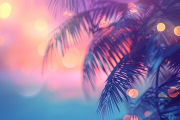 Wall Mural - Beautiful summer tropical background with palm trees and sunset sky with bokeh effect Abstract summer concept Vintage retro style banner Generative AI