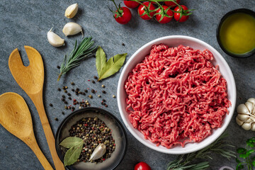 Wall Mural - Raw fresh minced beef with ingredients for cooking food on a dark background, top view