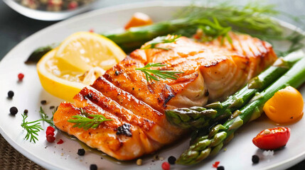 Wall Mural - grilled salmon with asparagus, lemon and tomatoes